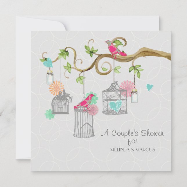 Mod Bird Cage Mason Jar Heart Floral Bridal Shower Invitation (Front)