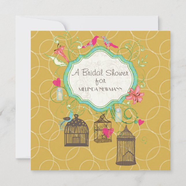 Mod Bird Cage Mason Jar Heart Floral Bridal Shower Invitation (Front)