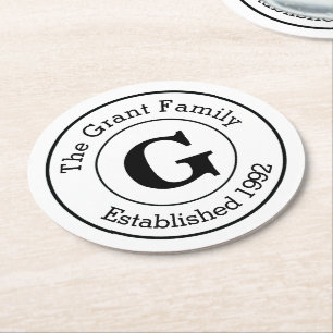Mod Black and White Personalised Monogram Family Round Paper Coaster