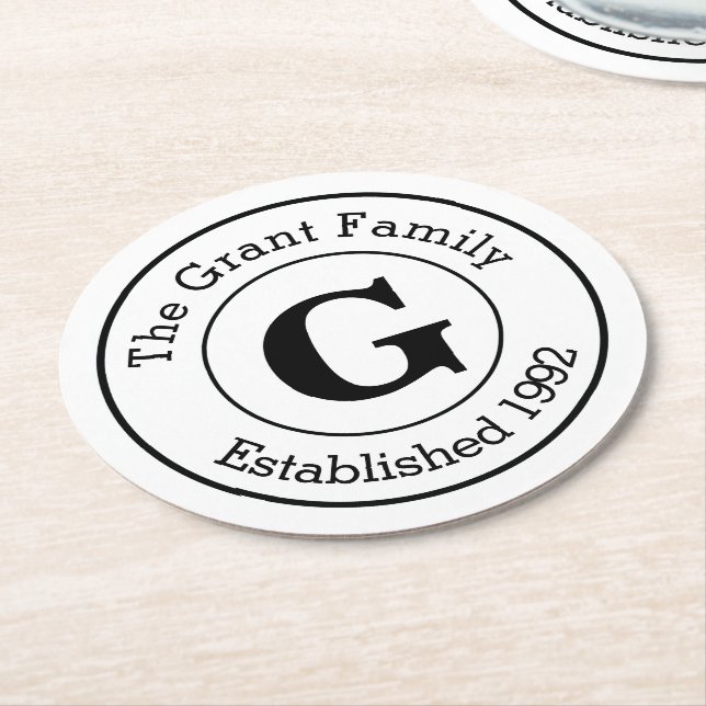 Mod Black and White Personalised Monogram Family Round Paper Coaster (Angled)