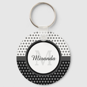 Mod Black and White Polka Dots Monogram With Name Key Ring