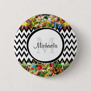 Mod Black Chevron Vintage Floral Monogram and Name 6 Cm Round Badge