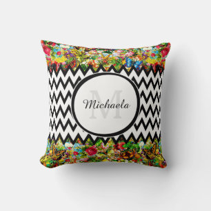 Mod Black Chevron Vintage Floral Monogram and Name Cushion