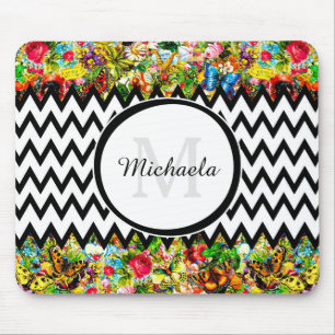 Mod Black Chevron Vintage Floral Monogram and Name Mouse Pad