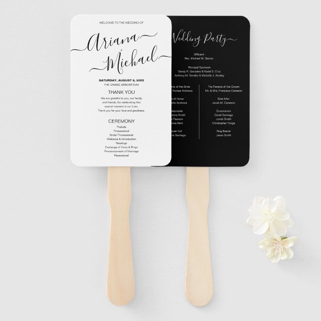 Mod Black White Minimalist Chic Wedding Program Hand Fan (Front and Back)