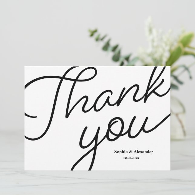 Mod black white Script Wedding Thank you Card (Standing Front)