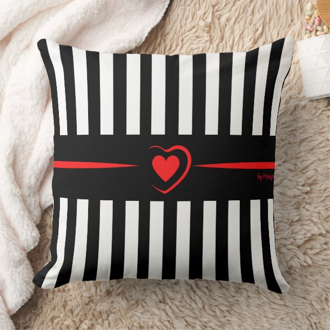 Mod Black & White Stripes with Bright Red Heart Cushion (Blanket)