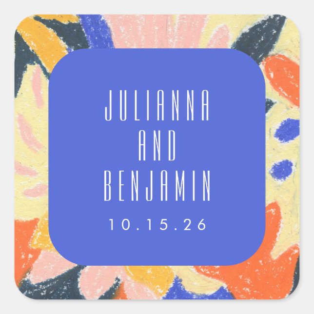 Mod Blue Artsy Abstract Botanical Wedding Custom Square Sticker (Front)