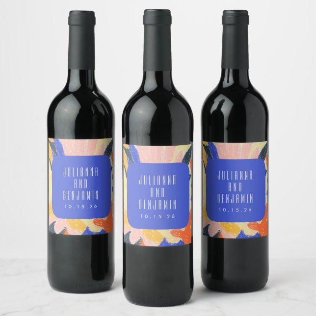 Mod Blue Artsy Abstract Botanical Wedding Custom  Wine Label (Bottles)