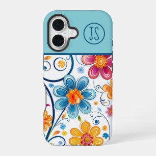 Mod Blue, Pink, Yellow Flowers Monogrammed iPhone 16 Case