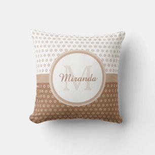 Mod Brown and White Polka Dots Monogram With Name Cushion
