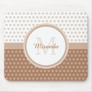 Mod Brown and White Polka Dots Monogram With Name Mouse Pad