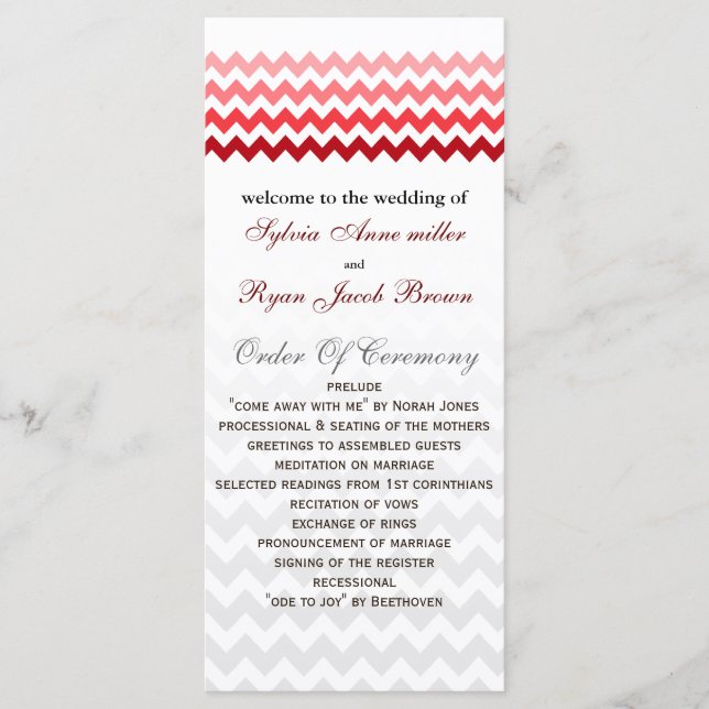 Mod chevron red Ombre Wedding program Programme (Front)