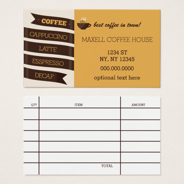 Mod Coffee House Business Card with Bill receipt (Front & Back)