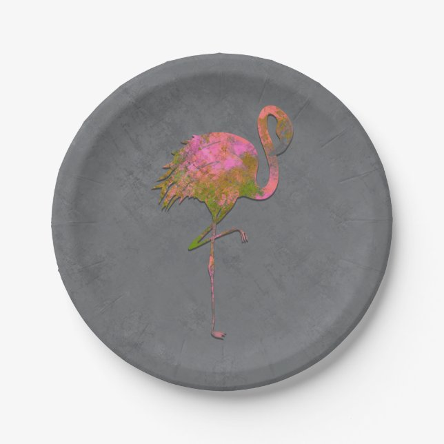 Mod Colourful Summer Flamingo Chic Modern Grey Paper Plate (Front)