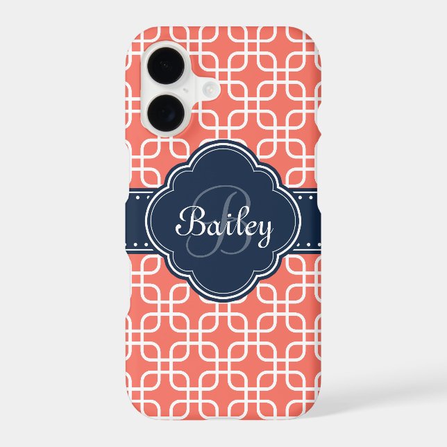 Mod Coral Pattern Navy Quatrefoil Monogram (Back)