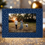 Mod Delicate Geometric Frame One Photo Navy Silver<br><div class="desc">This elegant yet modern holiday photo card features a raised foil frame of small geometric shapes (squares,  triangles,  circles,  etc) over a deep navy blue background and one horizontal photo. On the back is the same navy blue colour with plenty of space to add another photo and/or text.</div>