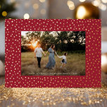 Mod Delicate Geometric Frame One Photo Red   Gold<br><div class="desc">This elegant yet modern holiday photo card features a raised foil frame of small geometric shapes (squares,  triangles,  circles,  etc) over a deep red background and one horizontal photo. On the back is the same red colour with plenty of space to add another photo and/or text.</div>