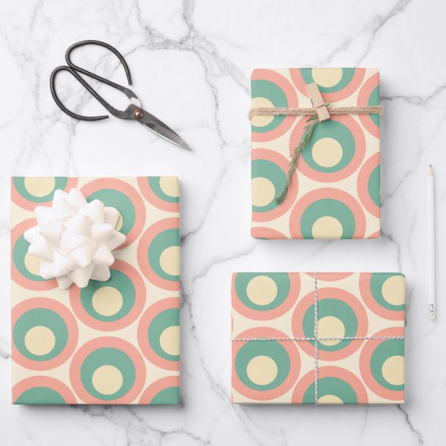 Mod Dots Retro Teal and Blush Pink Pattern Wrapping Paper Sheet (Front)