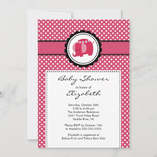 Mod Elephant Baby Shower Invitation Pink Polka Dot (Front)