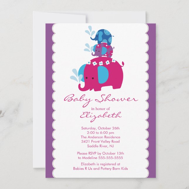 Mod Elephant Baby Shower Invitation Twins & Mum (Front)