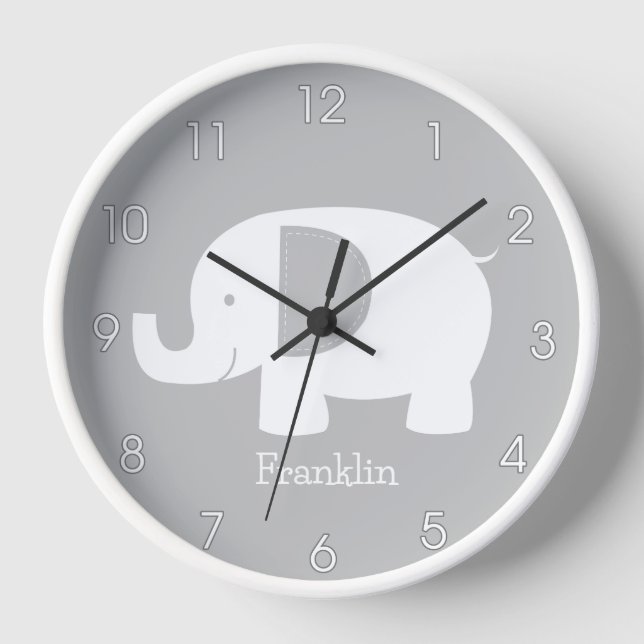 Mod Elephant Grey and White Minimalist Nursery  Clock (Front)
