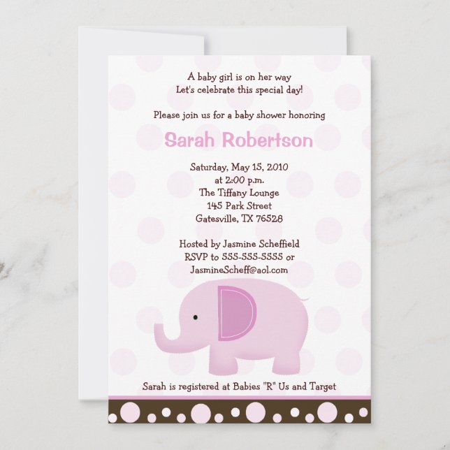 Mod Elephant Soft Pink 5x7 Baby Shower Invitation (Front)