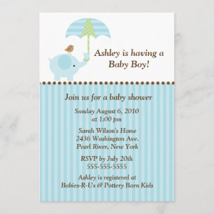 Mod Elephant Umbrella Boy Baby Shower Invitation