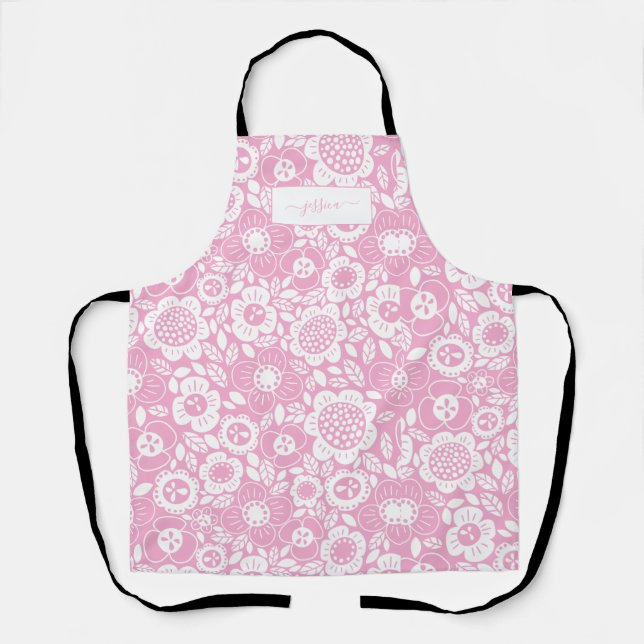 Mod Floral Patter with Script Name Apron (Front)