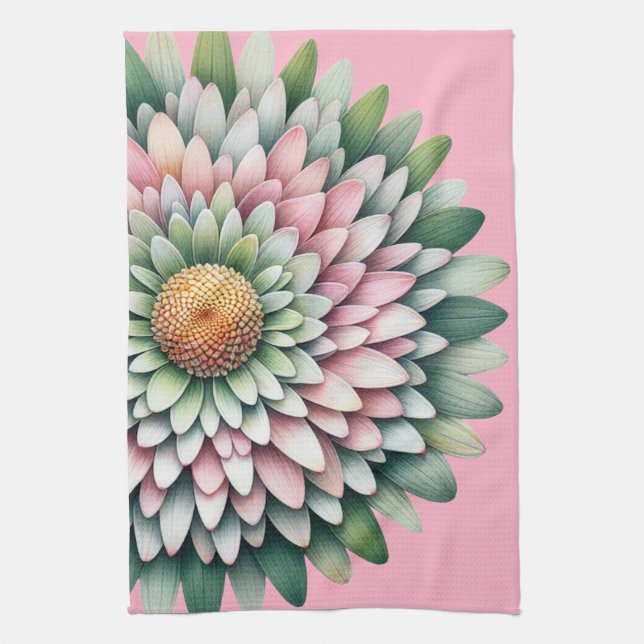 Mod Flower – Pink, Sage & Yellow Tea Towel (Vertical)