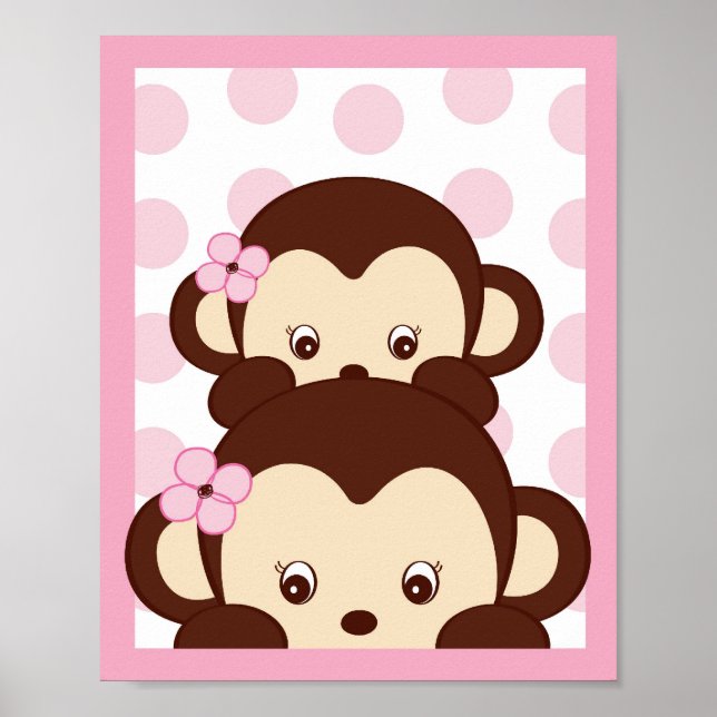 Mod Girl Monkey Dots Nursery Wall Art Print (Front)