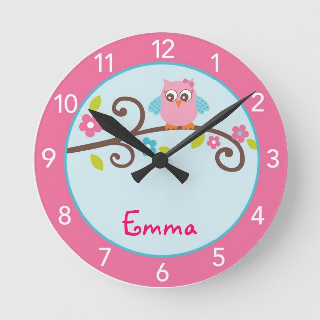 Mod Girl Owl Personalised Nursery Wall Clock (Front)