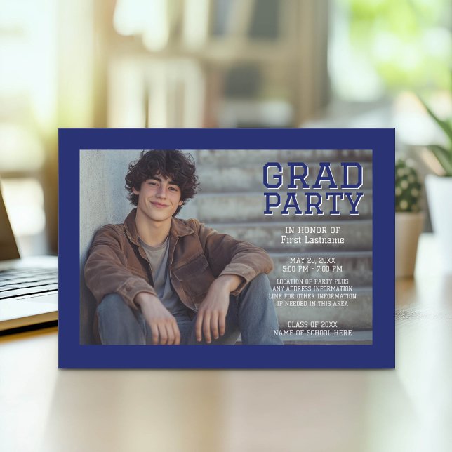 Mod Graduation Photo Announcement - Black Blue (Graduation Party Invitation with Photo)