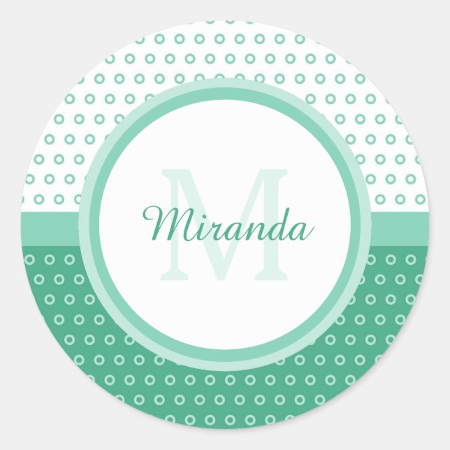 Mod Green and White Polka Dots Monogram With Name Classic Round Sticker (Front)