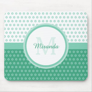Mod Green and White Polka Dots Monogram With Name Mouse Pad