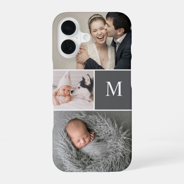 Mod Grey Custom Monogram Photo Collage iPhone 16 Case (Back)