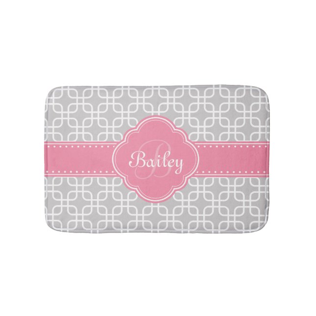 Mod Grey Pattern Pink Quatrefoil Monogram Bath Mat (Front)