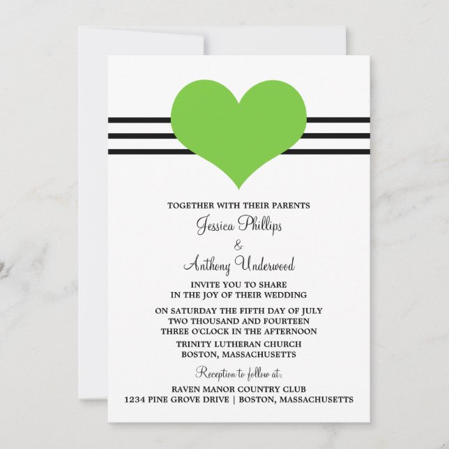 Mod Heart Wedding Invite, Green Invitation (Front)