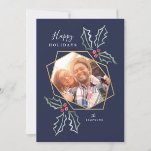 Mod Holly Gold Geo Photo Frame Navy Holiday Card