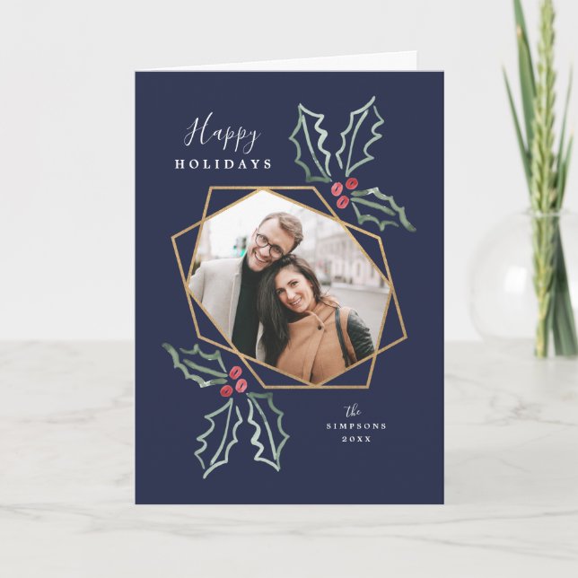 Mod Holly Gold Geo Photo Frame Navy | Holiday Card (Front)
