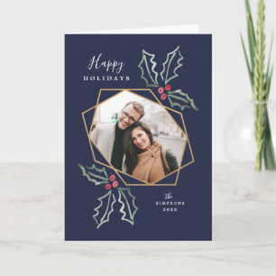 Mod Holly Gold Geo Photo Frame Navy Holiday Card