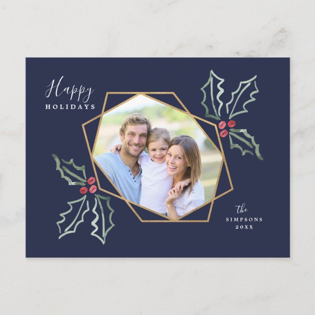 Mod Holly Gold Geo Photo Frame Navy | Holiday Card (Front)