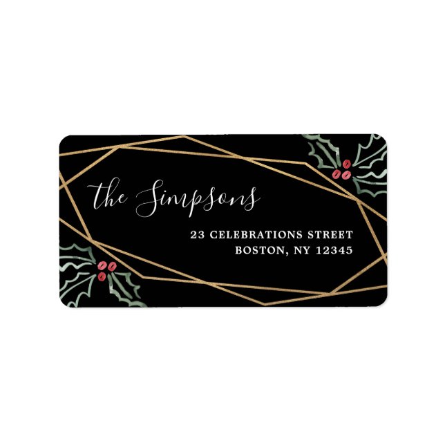 Mod Holly Gold Geometric Holiday Address Label (Front)