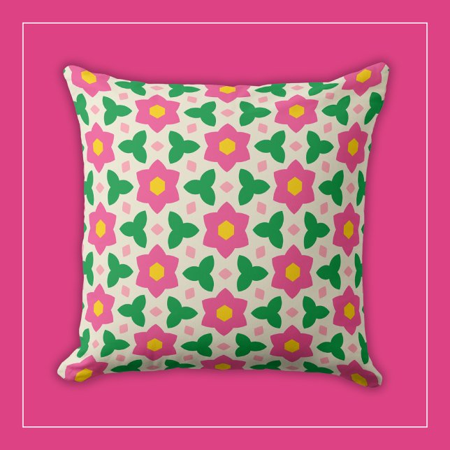 Mod Hot Pink Flowers with Green Geometric Floral Cushion (Creator Uploaded)