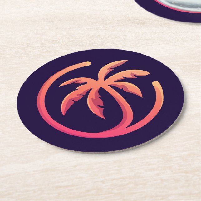 Mod Hot Pink Orange Palm Tree Round Paper Coaster (Angled)