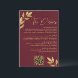 Mod Leaves Burgundy Gold Wedding Details QR Code Enclosure Card<br><div class="desc">This beautiful wedding enclosure card is designed to give you extra space for whatever information your guests may need, including registry, reception, travel, accommodations, etc. as well as a customizable QR code directing your guests to your website for more information. The card features a rustic design with hand painted gold...</div>