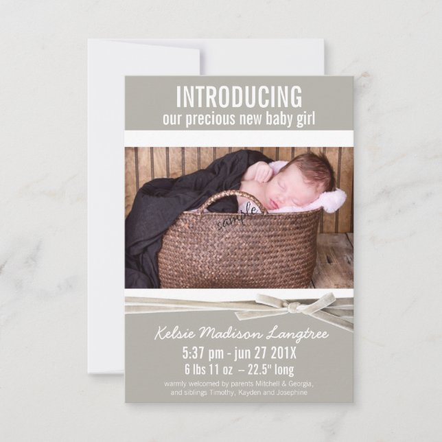 Mod Linen Baby Girl Birth Announcement (Front)