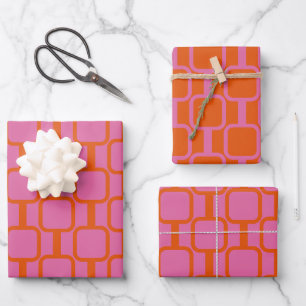 Mod Links Geometric Bright Pink & Orange Patterns Wrapping Paper Sheet