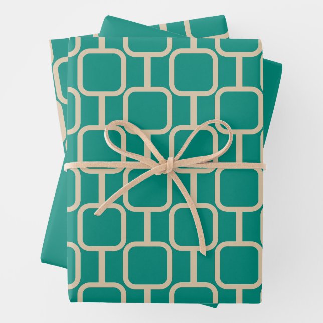 Mod Links Geometric Pattern in Mid Century Teal Wrapping Paper Sheet (In situ)