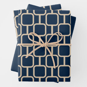 Mod Links Geometric Pattern Mid Century Dark Blue Wrapping Paper Sheet